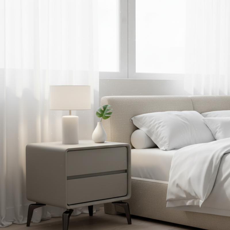 Modern Minimalist Design Nightstand - Refined Rounded Corners & Luxe Faux PVC Leather Charm Bedside Table 2-Drawer For Bedroom