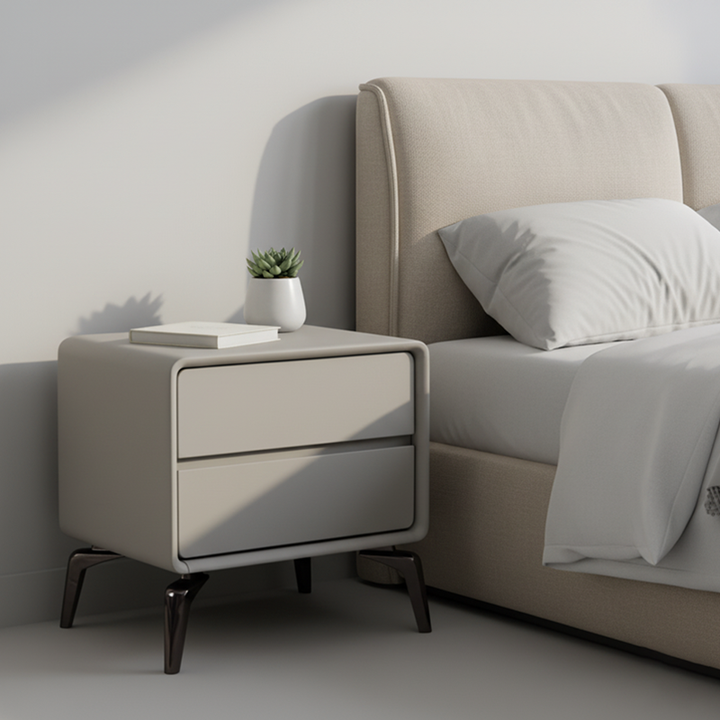 Table de chevet au design moderne minimaliste - angles arrondis raffinés et charme luxueux du similicuir PVC, table de nuit à 2 tiroirs pour chambre 