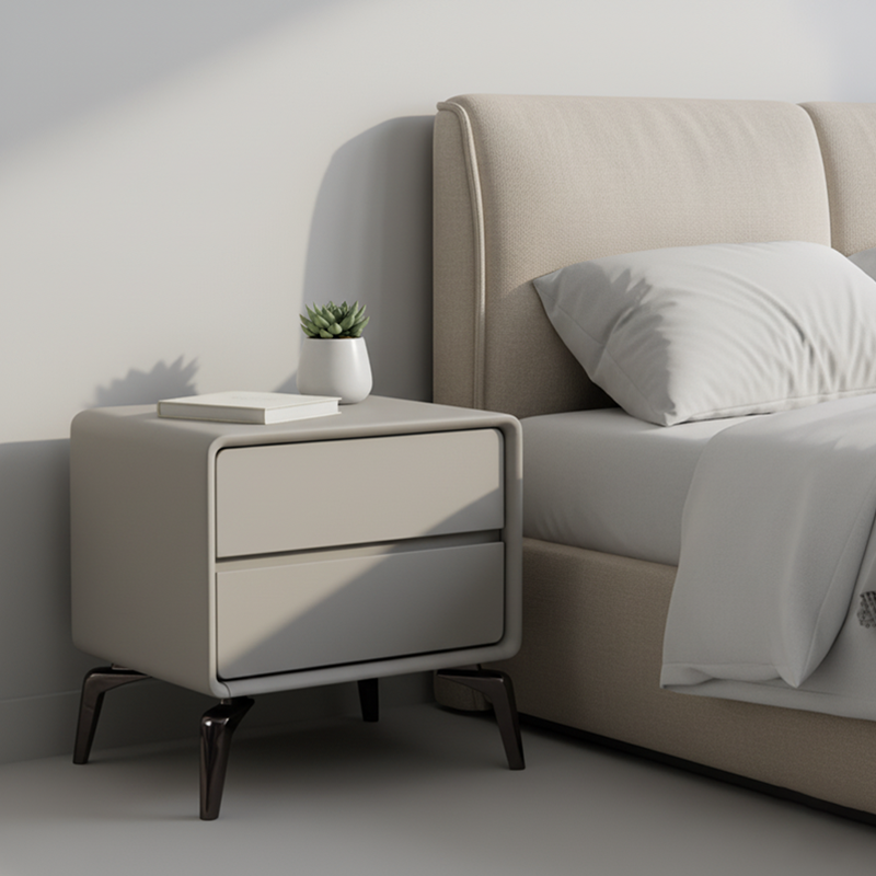 Modern Minimalist Design Nightstand - Refined Rounded Corners & Luxe Faux PVC Leather Charm Bedside Table 2-Drawer For Bedroom