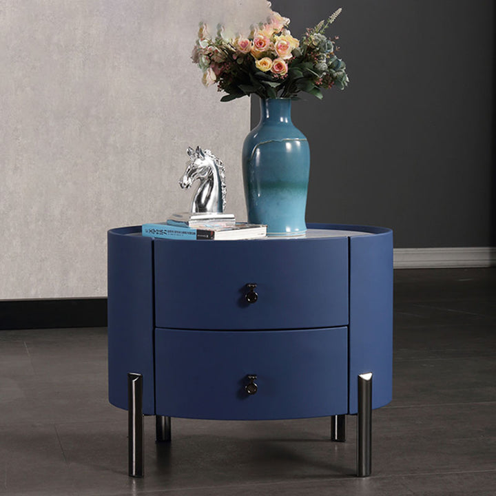 Table de chevet cylindrique elliptique de style scandinave - Plateau résistant aux rayures et revêtement en cuir synthétique, table de nuit à 2 tiroirs pour chambre à coucher 