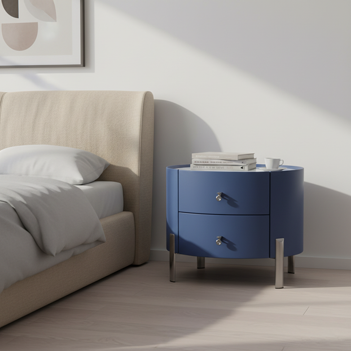 Table de chevet cylindrique elliptique de style scandinave - Plateau résistant aux rayures et revêtement en cuir synthétique, table de nuit à 2 tiroirs pour chambre à coucher 