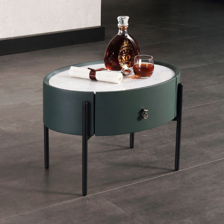 Table de chevet en pierre frittée durable avec plateau et cuir synthétique - style de design scandinave, table de chevet ovale à 1 tiroir pour chambre à coucher 