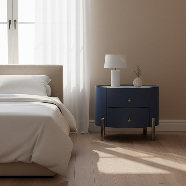 Table de chevet cylindrique elliptique de style scandinave - Plateau résistant aux rayures et revêtement en cuir synthétique, table de nuit à 2 tiroirs pour chambre à coucher 