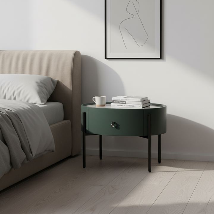 Table de chevet en pierre frittée durable avec plateau et cuir synthétique - style de design scandinave, table de chevet ovale à 1 tiroir pour chambre à coucher 