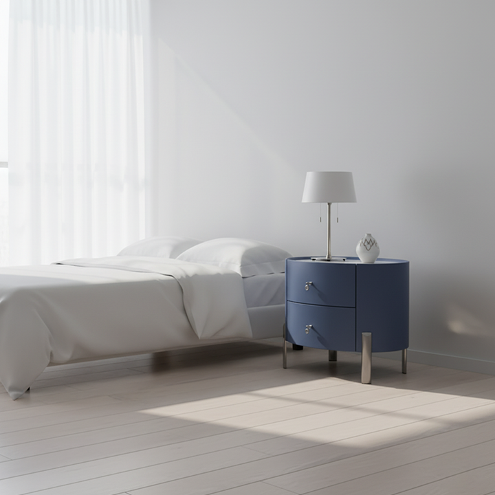Table de chevet cylindrique elliptique de style scandinave - Plateau résistant aux rayures et revêtement en cuir synthétique, table de nuit à 2 tiroirs pour chambre à coucher 