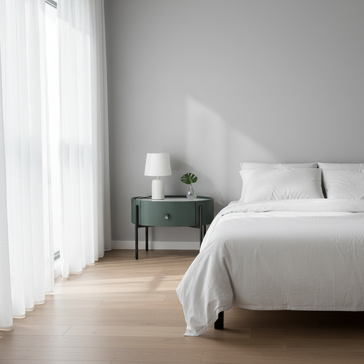 Table de chevet en pierre frittée durable avec plateau et cuir synthétique - style de design scandinave, table de chevet ovale à 1 tiroir pour chambre à coucher 