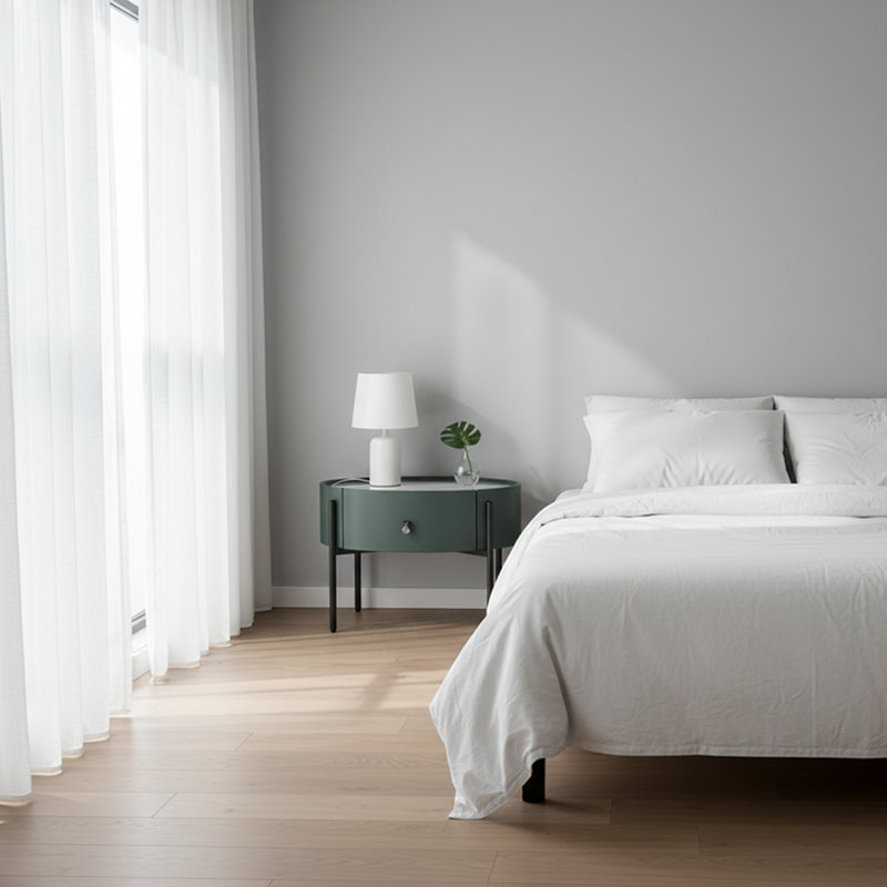 Durable Sintered Stone Top & Faux Leather Nightstand - Scandinavian Design Style Ellipse Bedside Table 1-Drawer For Bedroom