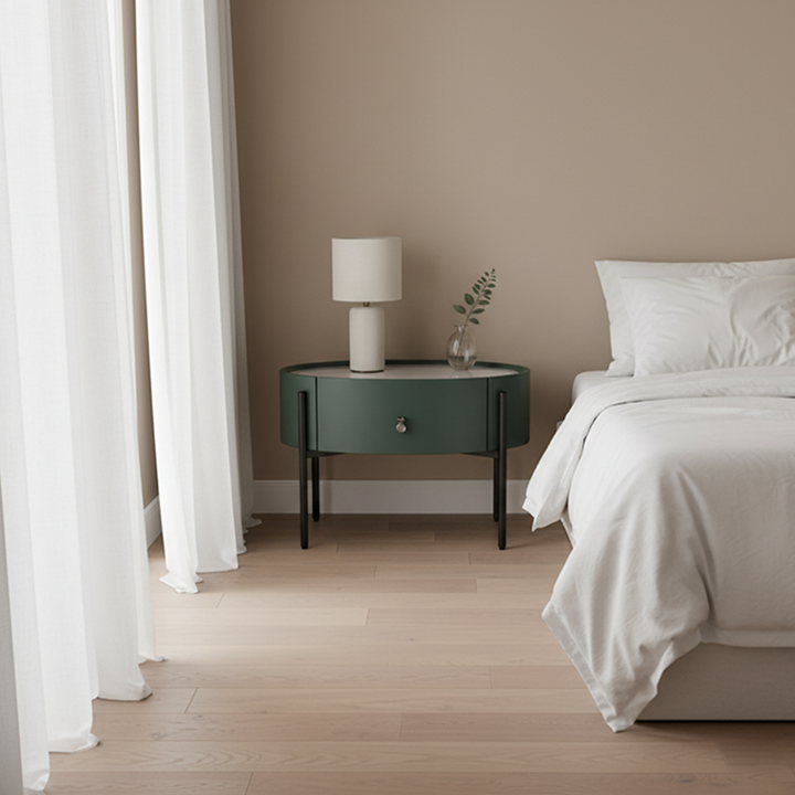 Table de chevet en pierre frittée durable avec plateau et cuir synthétique - style de design scandinave, table de chevet ovale à 1 tiroir pour chambre à coucher 