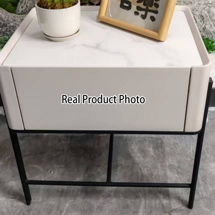 Mesita de noche minimalista duradera - Encimera de losa de roca sinterizada y cajón de madera maciza para almacenamiento junto a la cama 1 cajón para dormitorio 