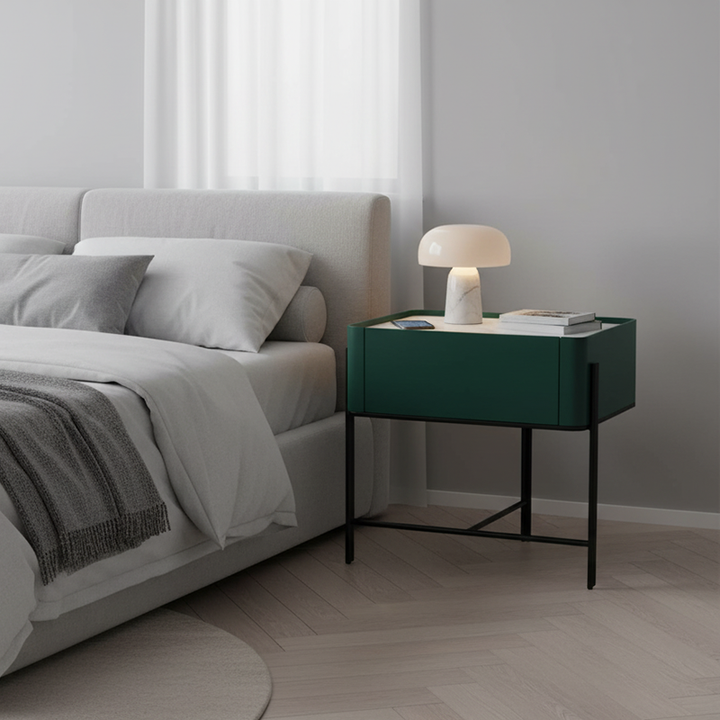 Mesita de noche minimalista duradera - Encimera de losa de roca sinterizada y cajón de madera maciza para almacenamiento junto a la cama 1 cajón para dormitorio 