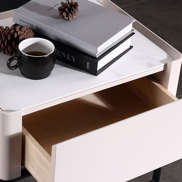 Mesita de noche minimalista duradera - Encimera de losa de roca sinterizada y cajón de madera maciza para almacenamiento junto a la cama 1 cajón para dormitorio 