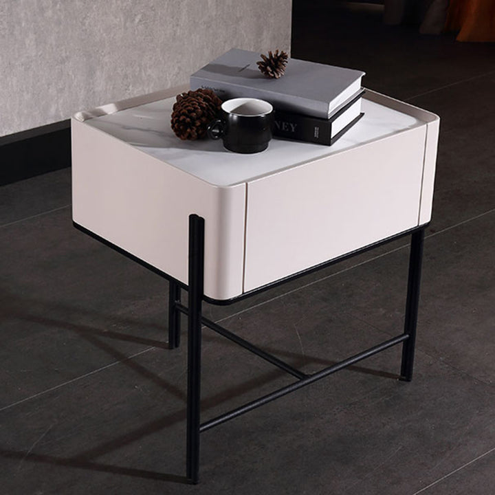 Mesita de noche minimalista duradera - Encimera de losa de roca sinterizada y cajón de madera maciza para almacenamiento junto a la cama 1 cajón para dormitorio 