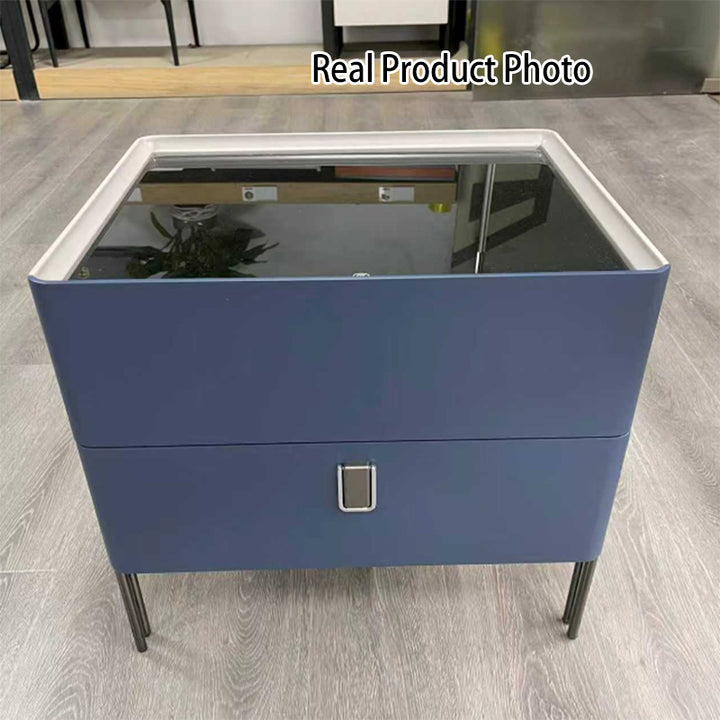 Table de nuit au design industriel distinctif - matériau écologique E1 associé à une table de chevet en verre trempé, 2 tiroirs, pour chambre à coucher 