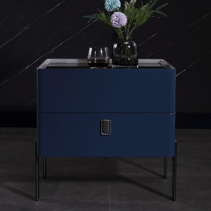 Table de nuit au design industriel distinctif - matériau écologique E1 associé à une table de chevet en verre trempé, 2 tiroirs, pour chambre à coucher 