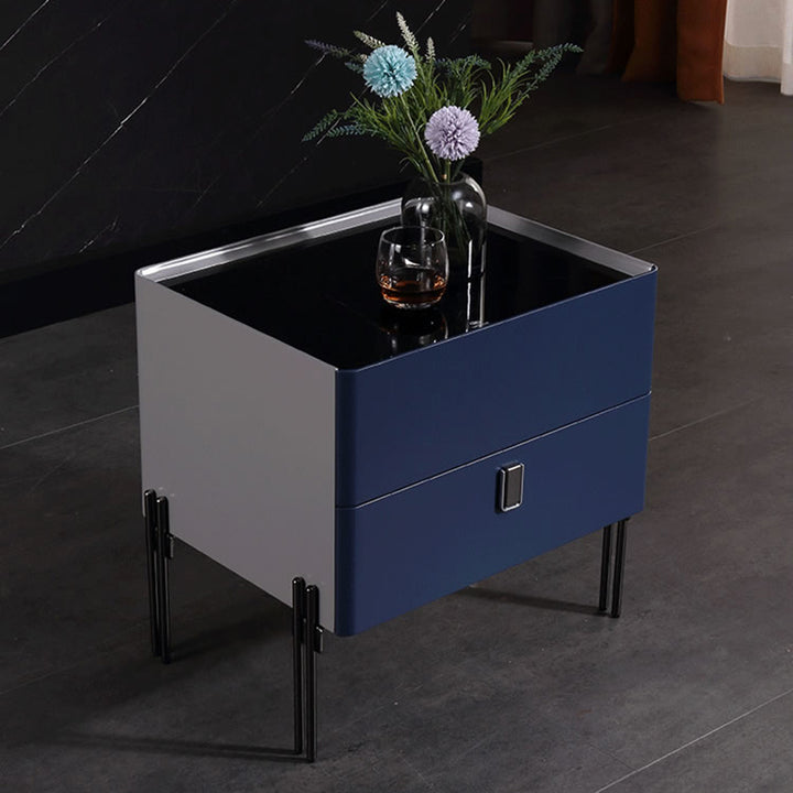 Unverwechselbares industrielles Design Nachttisch - E1 umweltfreundliches Material trifft auf Nachttisch aus gehärtetem Glas mit 2 Schubladen für das Schlafzimmer 