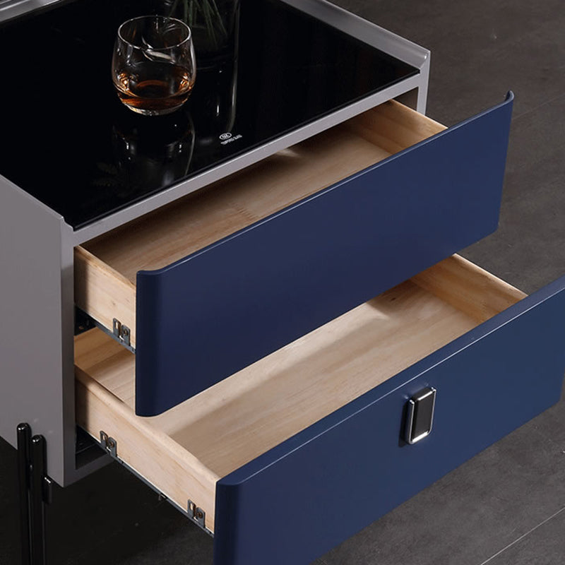 Table de nuit au design industriel distinctif - matériau écologique E1 associé à une table de chevet en verre trempé, 2 tiroirs, pour chambre à coucher 