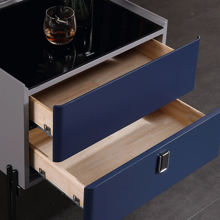 Table de nuit au design industriel distinctif - matériau écologique E1 associé à une table de chevet en verre trempé, 2 tiroirs, pour chambre à coucher 