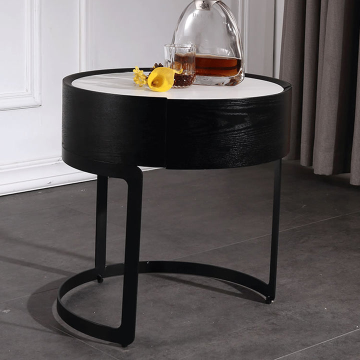 Runder Industrieller Nachttisch - Hoch anerkanntes Design & einzigartiger Materialmix Nachttisch mit 1 Schublade für Schlafzimmer & Wohnzimmer 