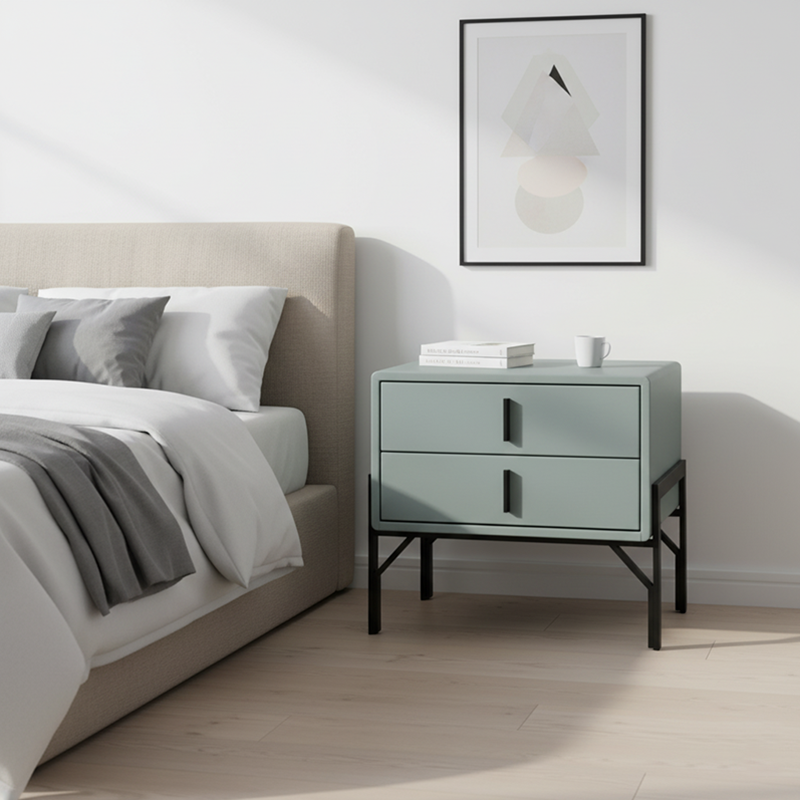 Mesa de noche nórdica tapizada en cuero sintético - Toque premium y fácil mantenimiento con 2 cajones para dormitorio 