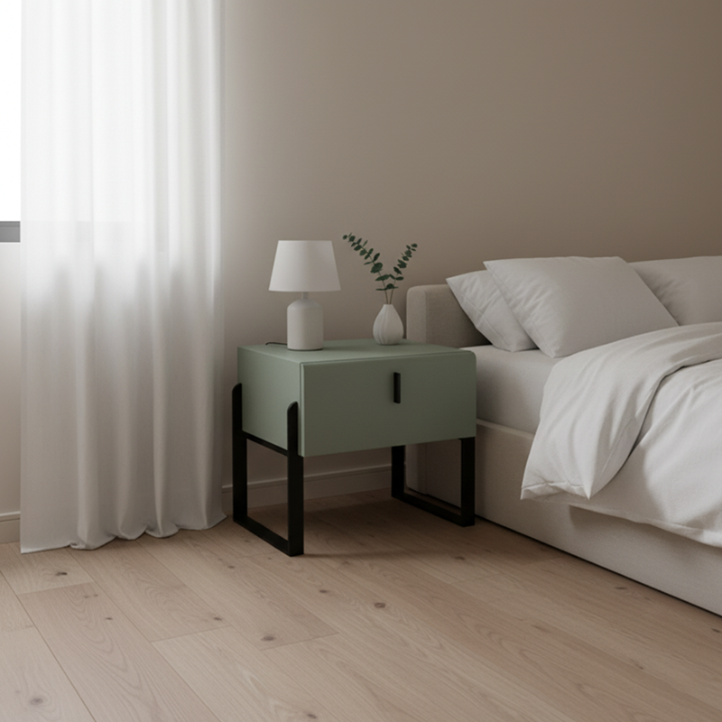 Elegant & Practical Nightstand - Industrial Featuring Faux Leather Upholstery Bedside Table 1-Drawer For Bedroom