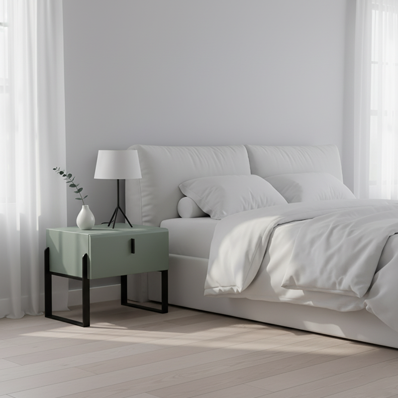 Elegant & Practical Nightstand - Industrial Featuring Faux Leather Upholstery Bedside Table 1-Drawer For Bedroom