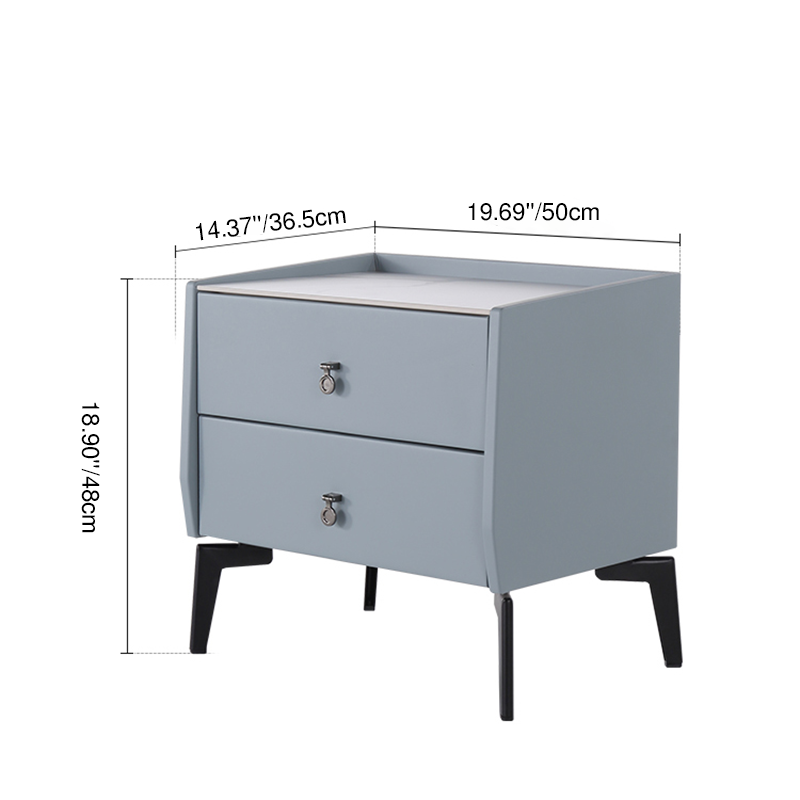 Stylish & Textured Nordic Nightstand - Sintered Rock Stone Top Airplane-Shaped Iron Legs Bedside Table 2-Drawer For Bedroom