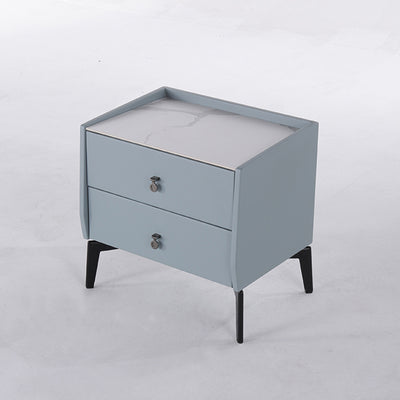 Stylish & Textured Nordic Nightstand - Sintered Rock Stone Top Airplane-Shaped Iron Legs Bedside Table 2-Drawer For Bedroom