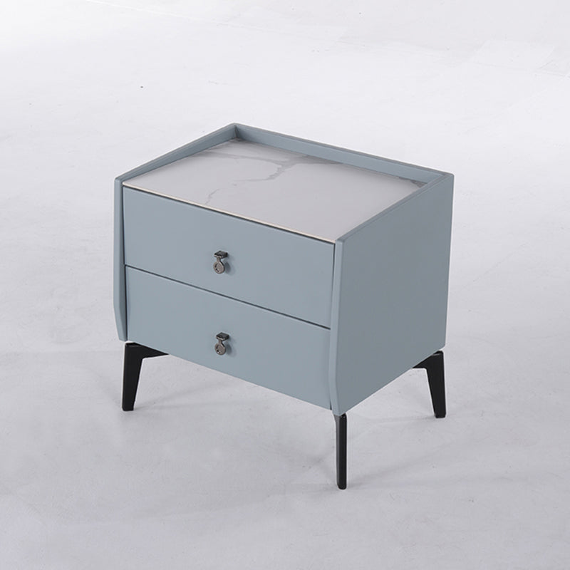 Stylish & Textured Nordic Nightstand - Sintered Rock Stone Top Airplane-Shaped Iron Legs Bedside Table 2-Drawer For Bedroom