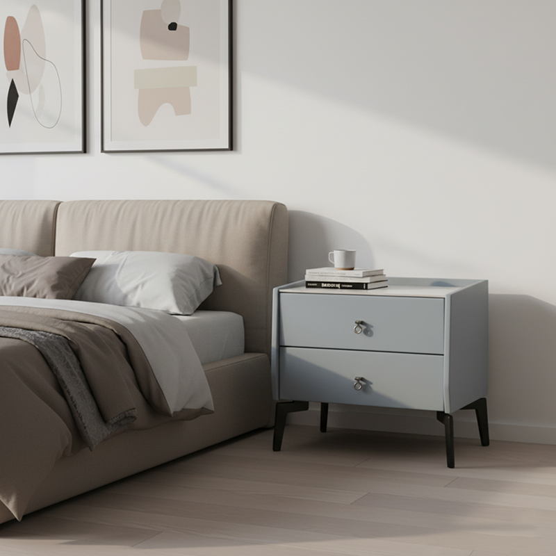 Stylish & Textured Nordic Nightstand - Sintered Rock Stone Top Airplane-Shaped Iron Legs Bedside Table 2-Drawer For Bedroom