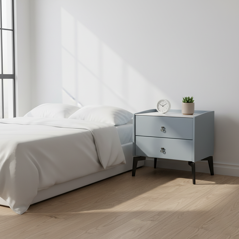 Stylish & Textured Nordic Nightstand - Sintered Rock Stone Top Airplane-Shaped Iron Legs Bedside Table 2-Drawer For Bedroom