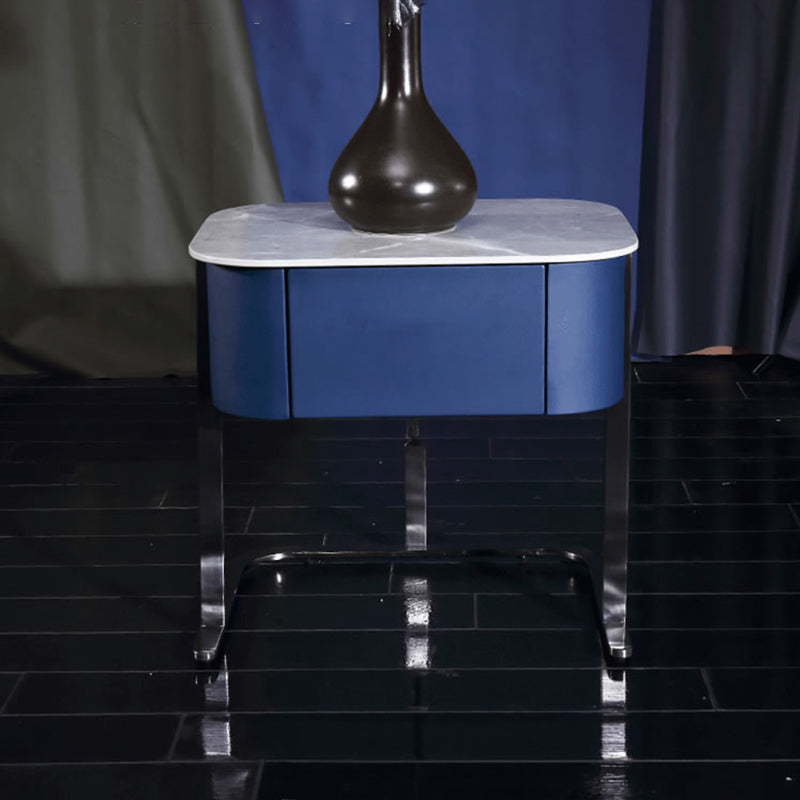 Hardcore Industrial-Style Bedside Table - Durable Rock Slab Top &amp; Exquisite Faux Leather Stitching Nightstand 1-Drawer For Bedroom