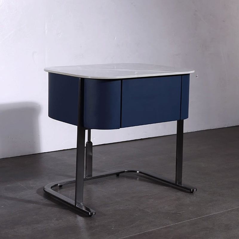 Hardcore Industrial-Style Bedside Table - Durable Rock Slab Top &amp; Exquisite Faux Leather Stitching Nightstand 1-Drawer For Bedroom