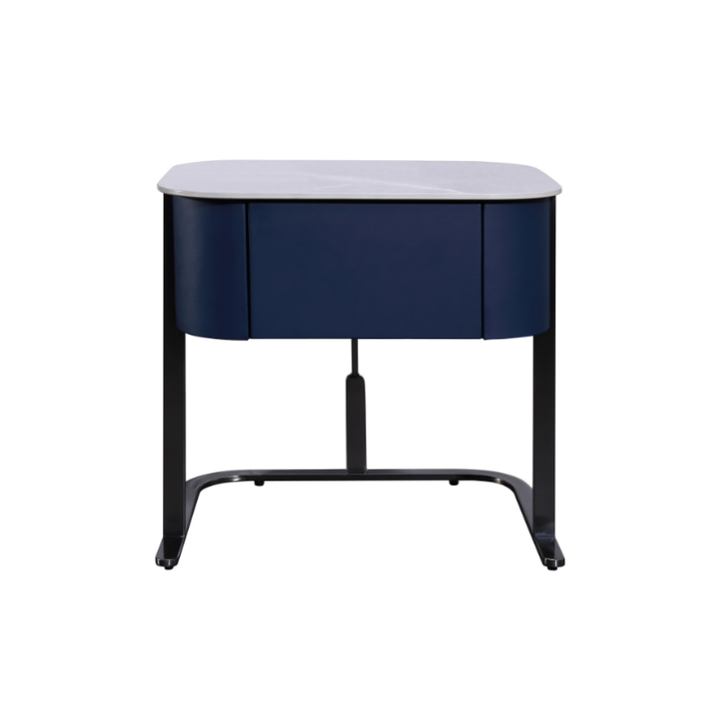 Hardcore Industrial-Style Bedside Table - Durable Rock Slab Top &amp; Exquisite Faux Leather Stitching Nightstand 1-Drawer For Bedroom