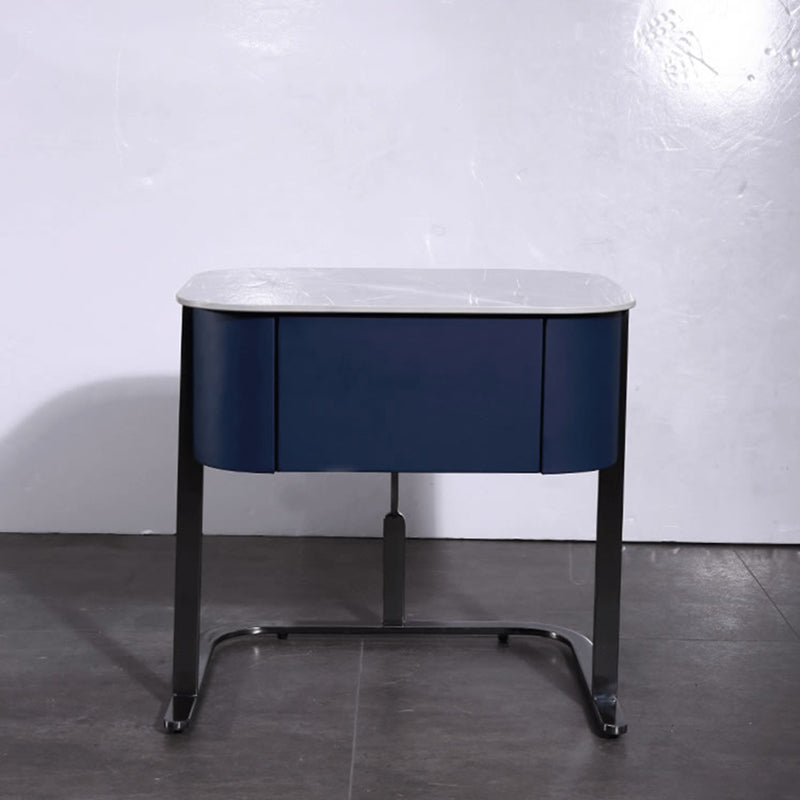 Hardcore Industrial-Style Bedside Table - Durable Rock Slab Top &amp; Exquisite Faux Leather Stitching Nightstand 1-Drawer For Bedroom