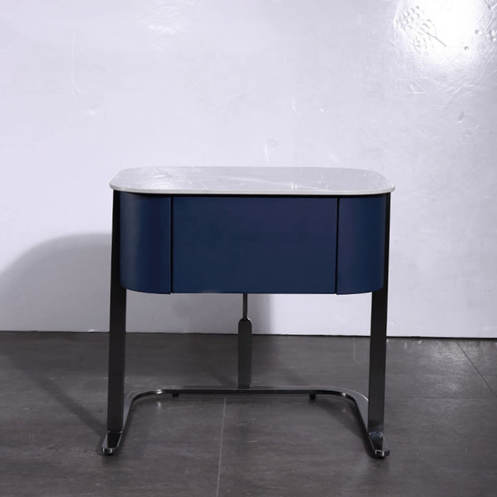 Hardcore Industrial-Style Bedside Table - Durable Rock Slab Top &amp; Exquisite Faux Leather Stitching Nightstand 1-Drawer For Bedroom