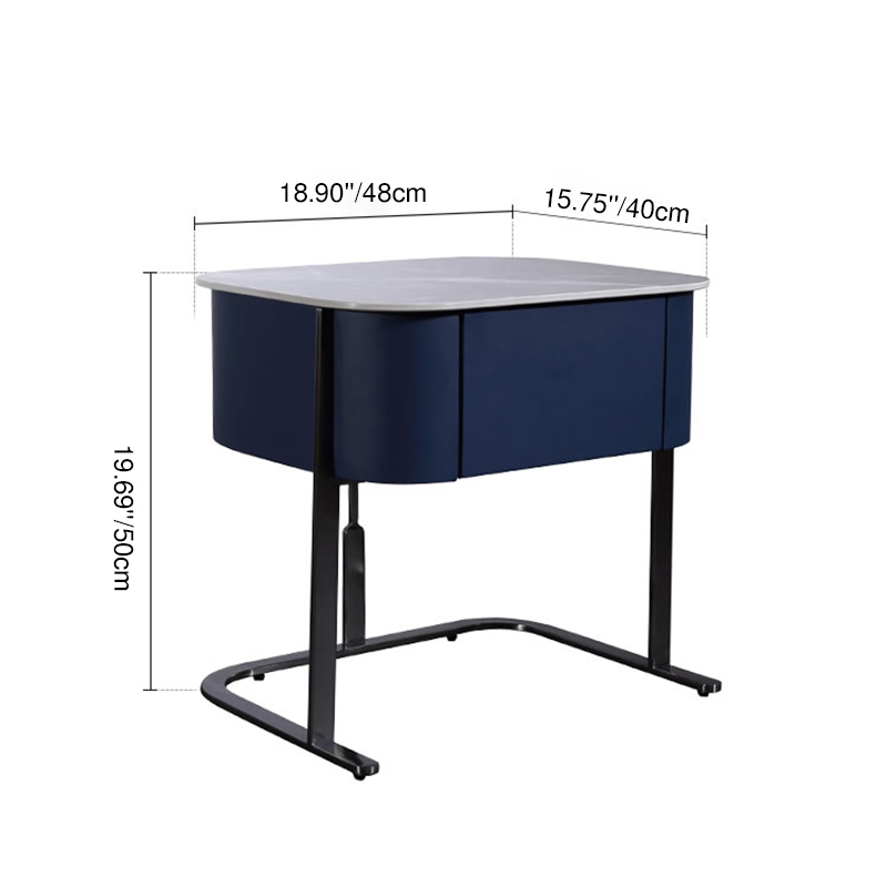Hardcore Industrial-Style Bedside Table - Durable Rock Slab Top &amp; Exquisite Faux Leather Stitching Nightstand 1-Drawer For Bedroom