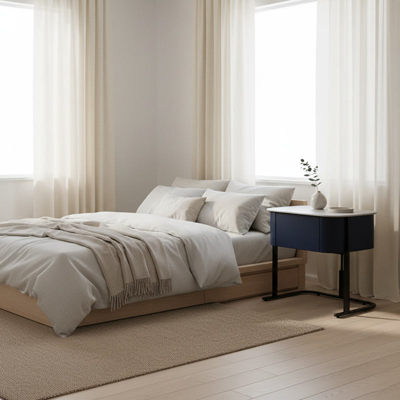 Hardcore Industrial-Style Bedside Table - Durable Rock Slab Top & Exquisite Faux Leather Stitching Nightstand 1-Drawer For Bedroom