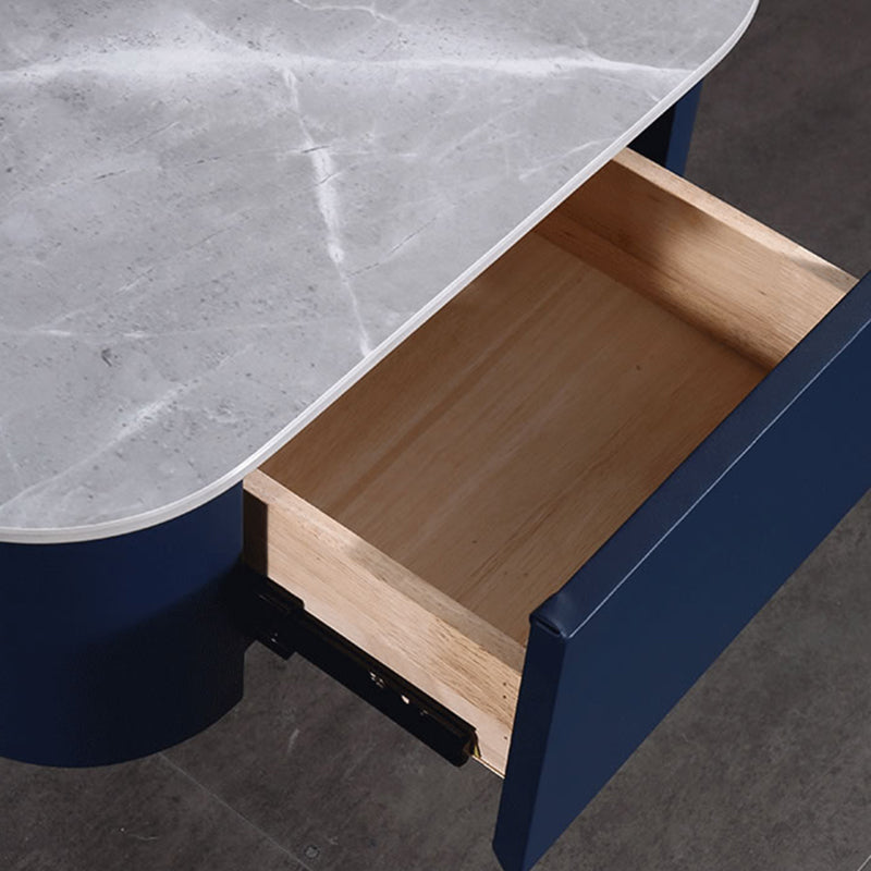 Hardcore Industrial-Style Bedside Table - Durable Rock Slab Top &amp; Exquisite Faux Leather Stitching Nightstand 1-Drawer For Bedroom