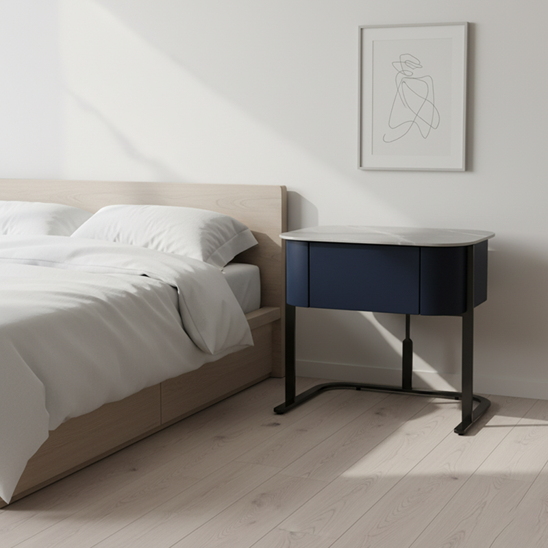 Hardcore Industrial-Style Bedside Table - Durable Rock Slab Top & Exquisite Faux Leather Stitching Nightstand 1-Drawer For Bedroom