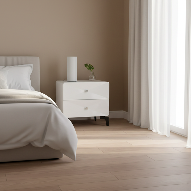 Bright White Modern Minimalist Bedside Table - Unique Design Sturdy Iron Legs Nightstand 2-Drawer For Bedroom