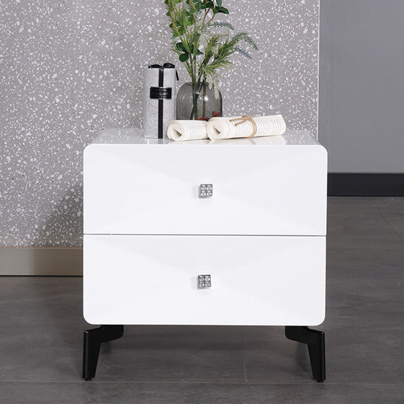 Bright White Modern Minimalist Bedside Table - Unique Design Sturdy Iron Legs Nightstand 2-Drawer For Bedroom
