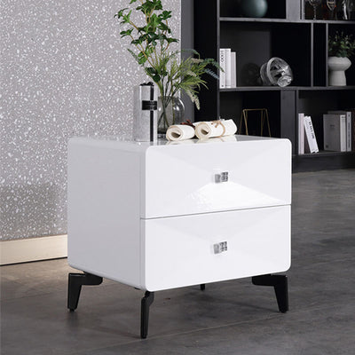 Bright White Modern Minimalist Bedside Table - Unique Design Sturdy Iron Legs Nightstand 2-Drawer For Bedroom