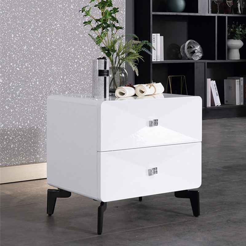 Bright White Modern Minimalist Bedside Table - Unique Design Sturdy Iron Legs Nightstand 2-Drawer For Bedroom