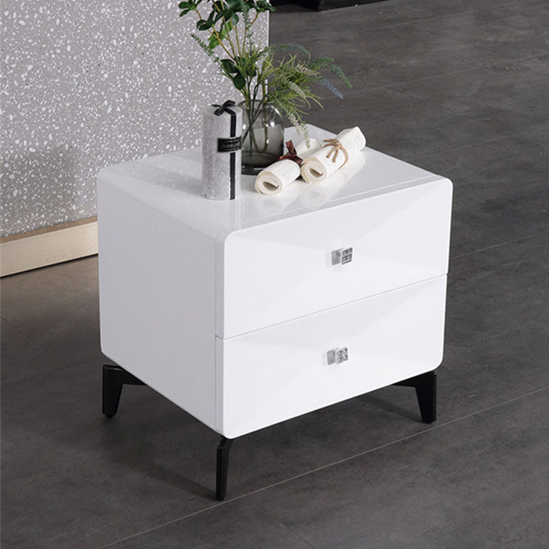Bright White Modern Minimalist Bedside Table - Unique Design Sturdy Iron Legs Nightstand 2-Drawer For Bedroom