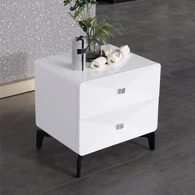 Bright White Modern Minimalist Bedside Table - Unique Design Sturdy Iron Legs Nightstand 2-Drawer For Bedroom