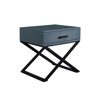 Blue-Black Industrial Nightstand - Heavy-Duty Triangular Iron Legs Bedside Table 1-Drawer For Bedroom
