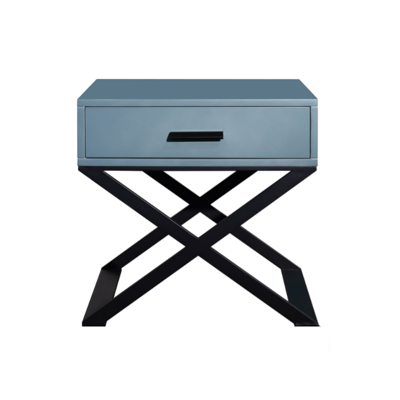 Blue-Black Industrial Nightstand - Heavy-Duty Triangular Iron Legs Bedside Table 1-Drawer For Bedroom