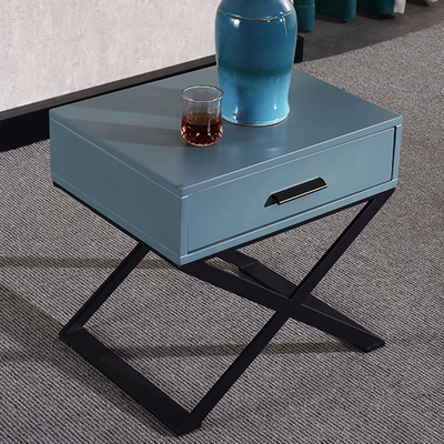 Blue-Black Industrial Nightstand - Heavy-Duty Triangular Iron Legs Bedside Table 1-Drawer For Bedroom