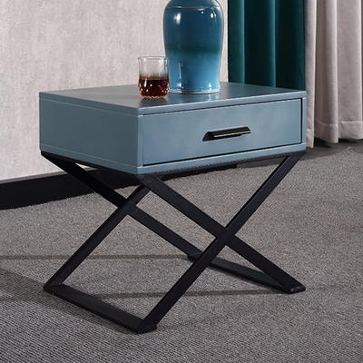 Blue-Black Industrial Nightstand - Heavy-Duty Triangular Iron Legs Bedside Table 1-Drawer For Bedroom