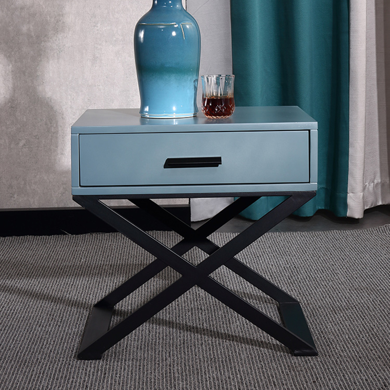 Blue-Black Industrial Nightstand - Heavy-Duty Triangular Iron Legs Bedside Table 1-Drawer For Bedroom